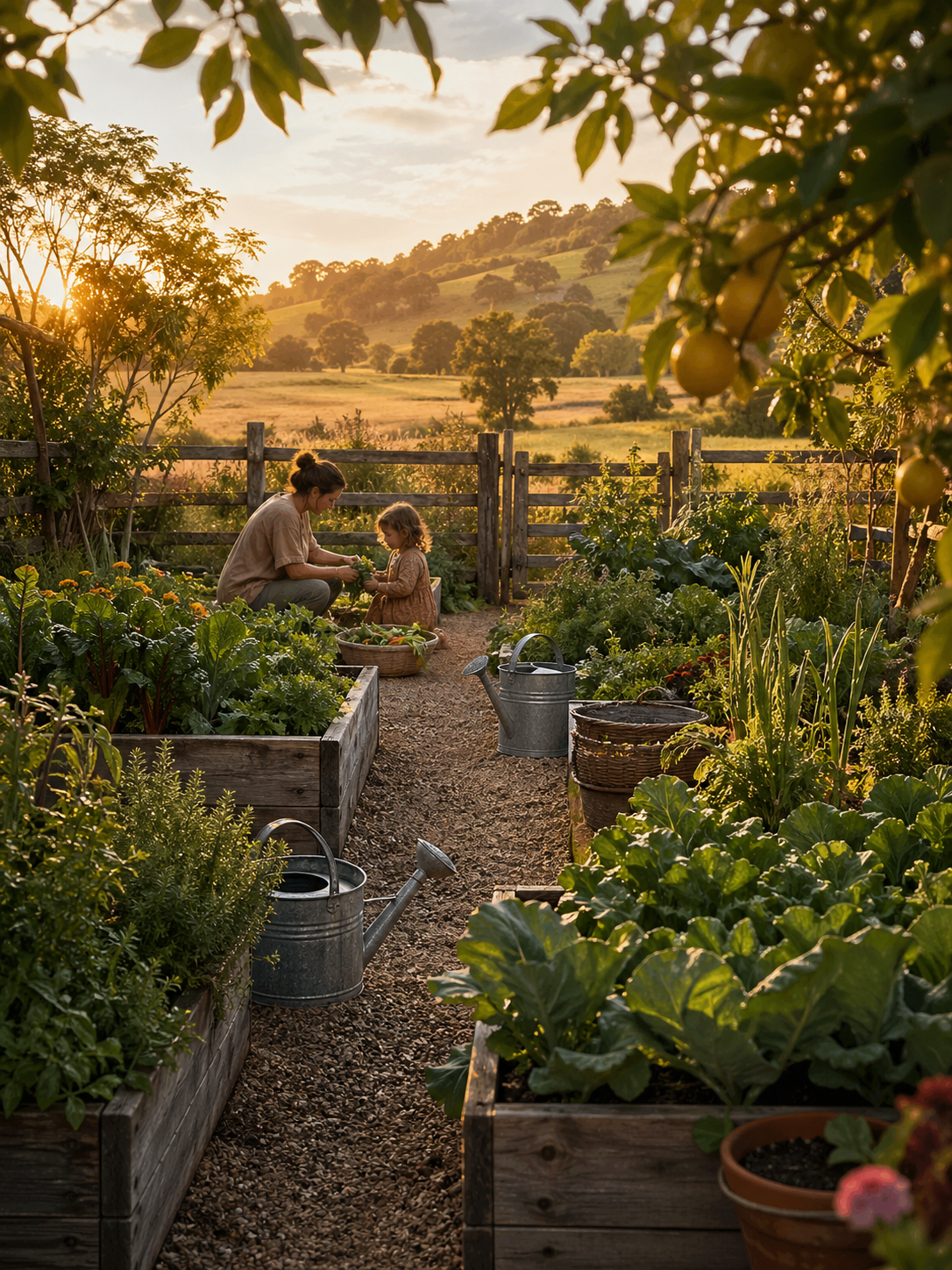 Mother and child harvesting vegetables in a productive kitchen garden at sunset