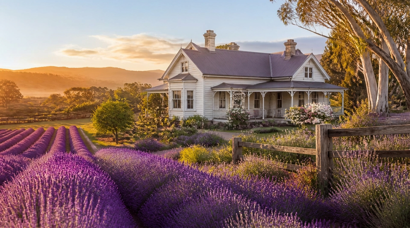 Heritage homestead surrounded by blooming lavender fields at golden hour in Victoria, Australia